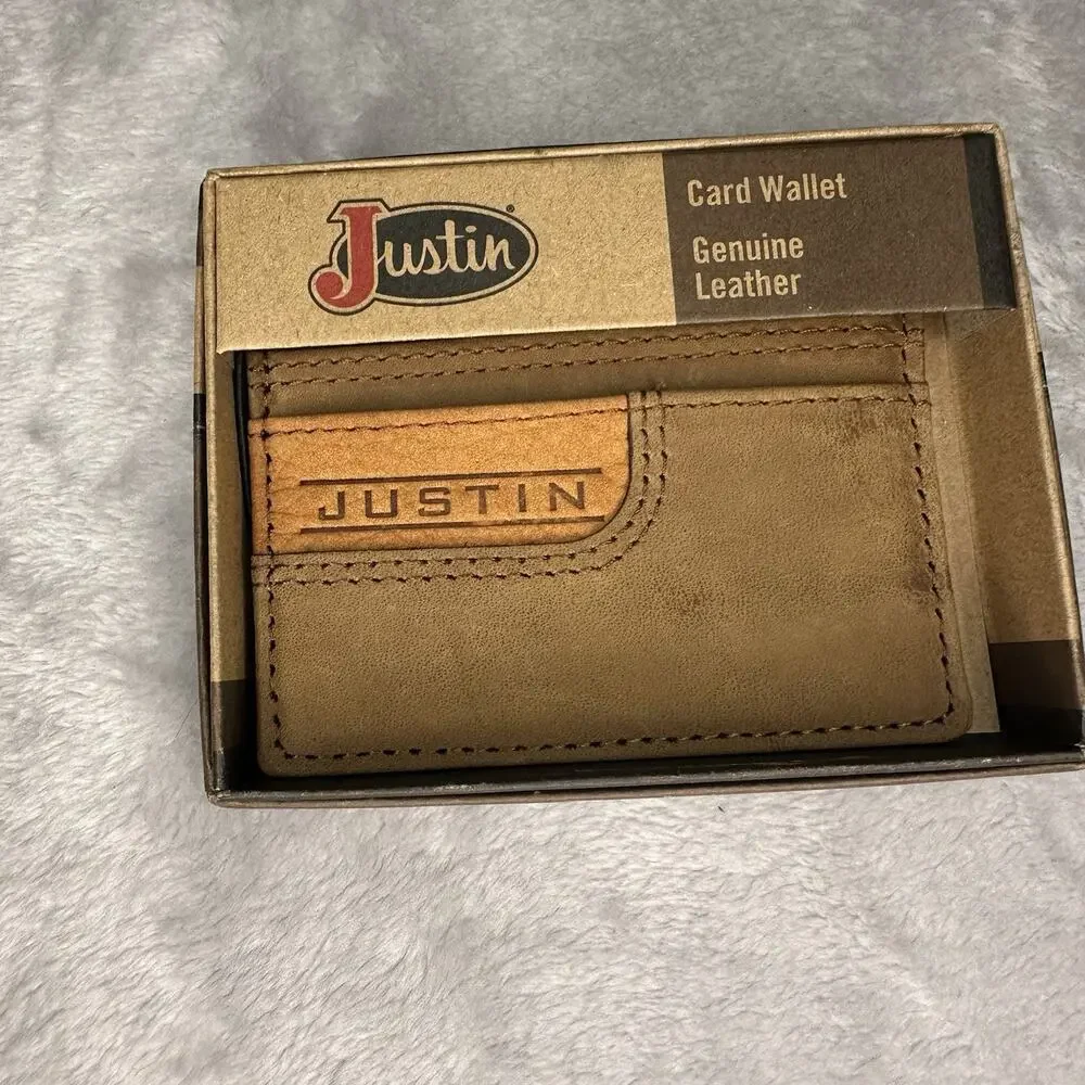 Justin Card Wallet Genuine‎ Suede Leather Tan Brown Logo Justin Boots Cowboy